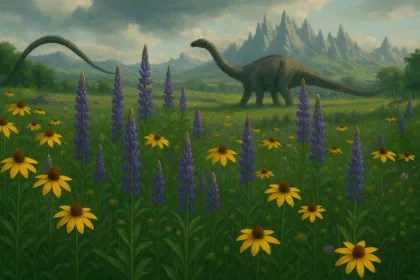AI billede af dinosaurvandring gennem artsrigdommens oprindelse