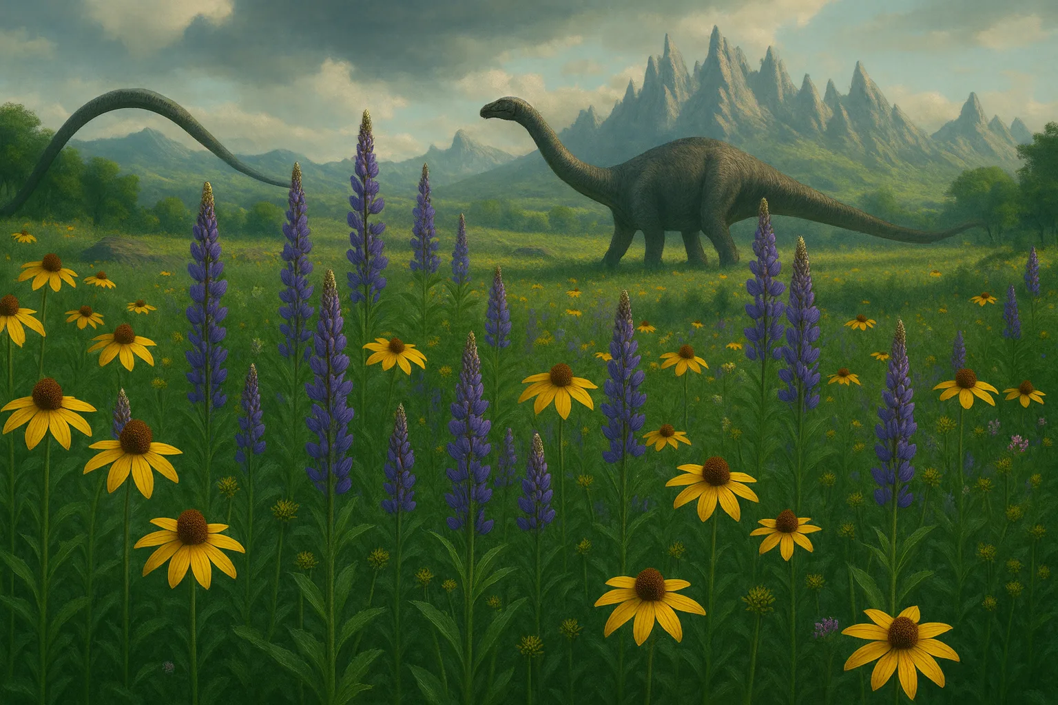 AI billede af dinosaurvandring gennem artsrigdommens oprindelse