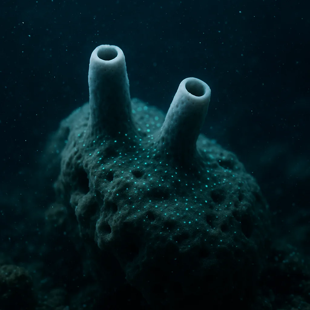AI undervandsfoto af en havsvamp i mørke